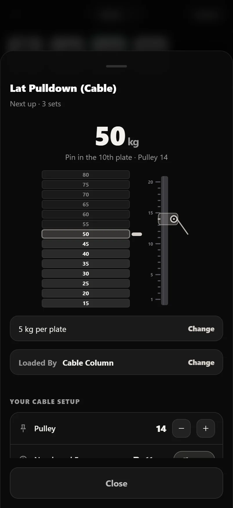 The Set Up sheet for a cable lat pulldown, drawing the pin stack beside a numbered pulley column with the carriage at notch 14, above Pulley and Numbered From rows