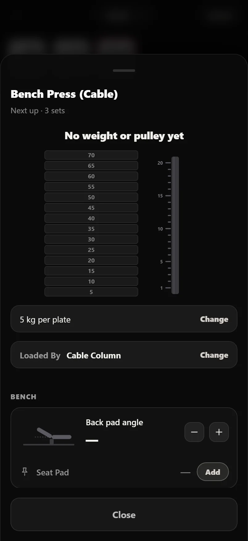 The Set Up sheet for a cable bench press with nothing logged: a weight stack drawn with no pin in it, beside a pulley column with no carriage on it