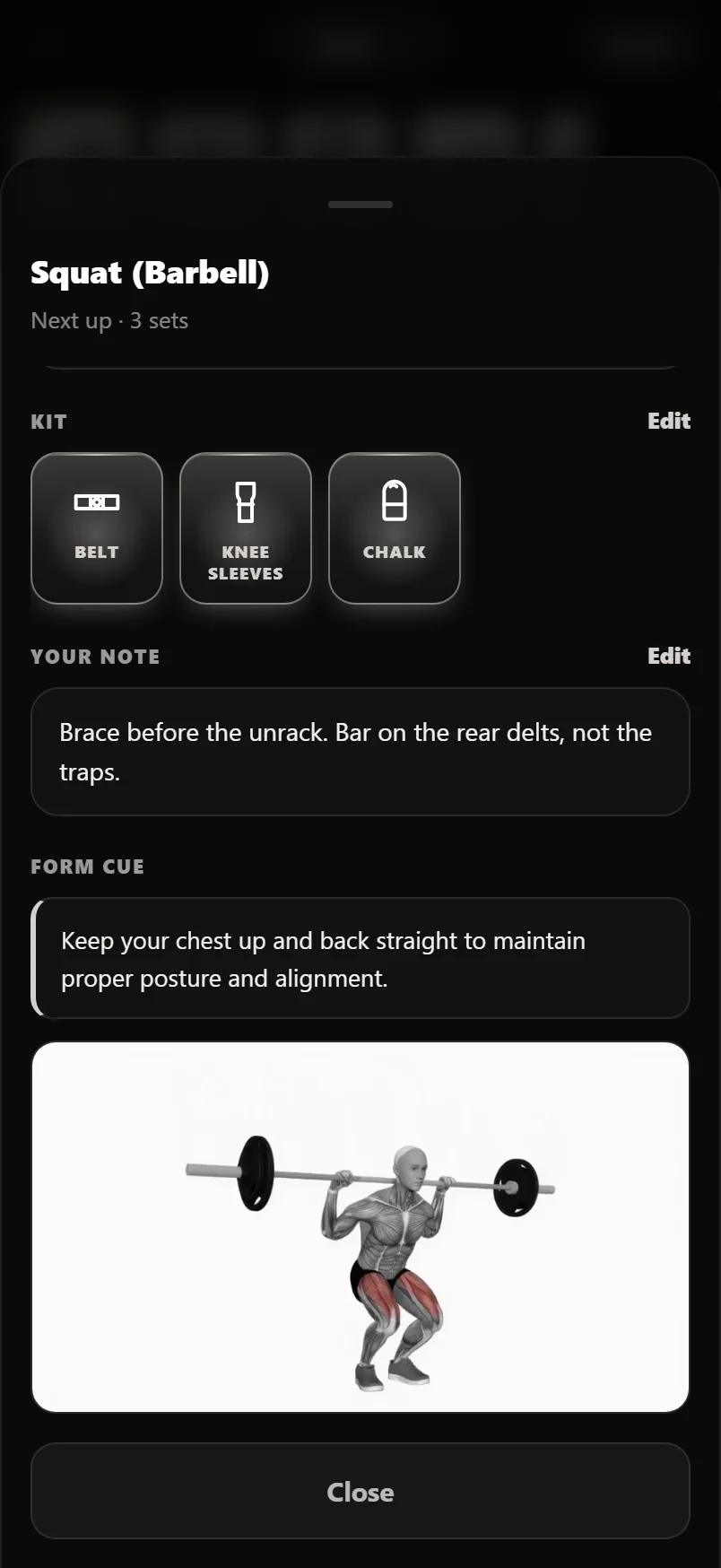 The Kit card showing drawn belt, knee sleeve and chalk glyphs, with the saved note and form cue underneath