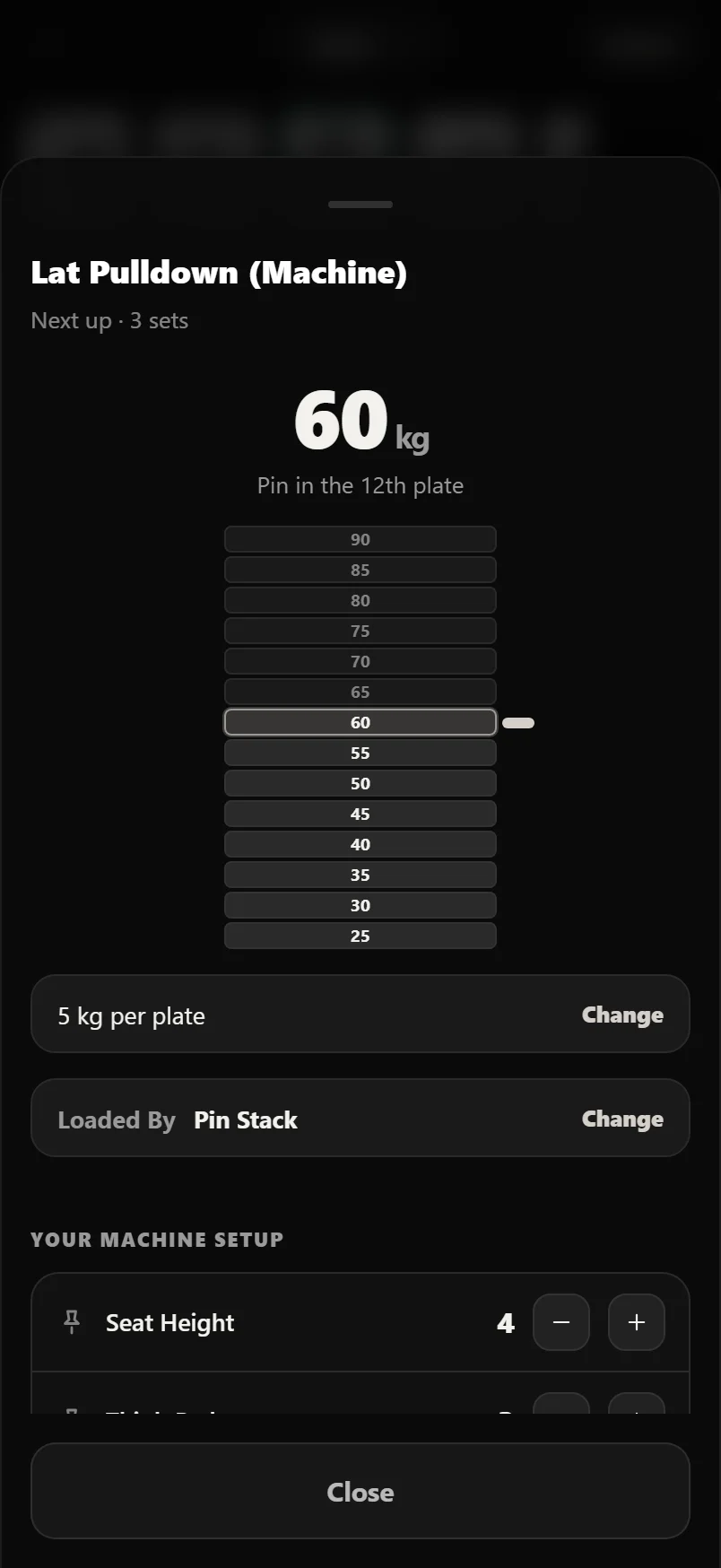 The Set Up sheet for a lat pulldown, drawing a weight stack with the pin sitting in one plate, above rows for the stack step and Loaded By