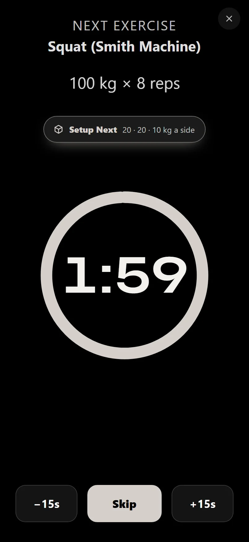 The Durata rest timer counting down, with the next exercise named above a Setup Next pill reading 20 · 20 · 10 a side