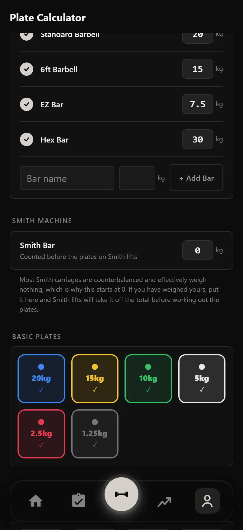 Settings, Plate Calculator: the bar roster and plate inventory above a Smith Machine card holding the carriage weight