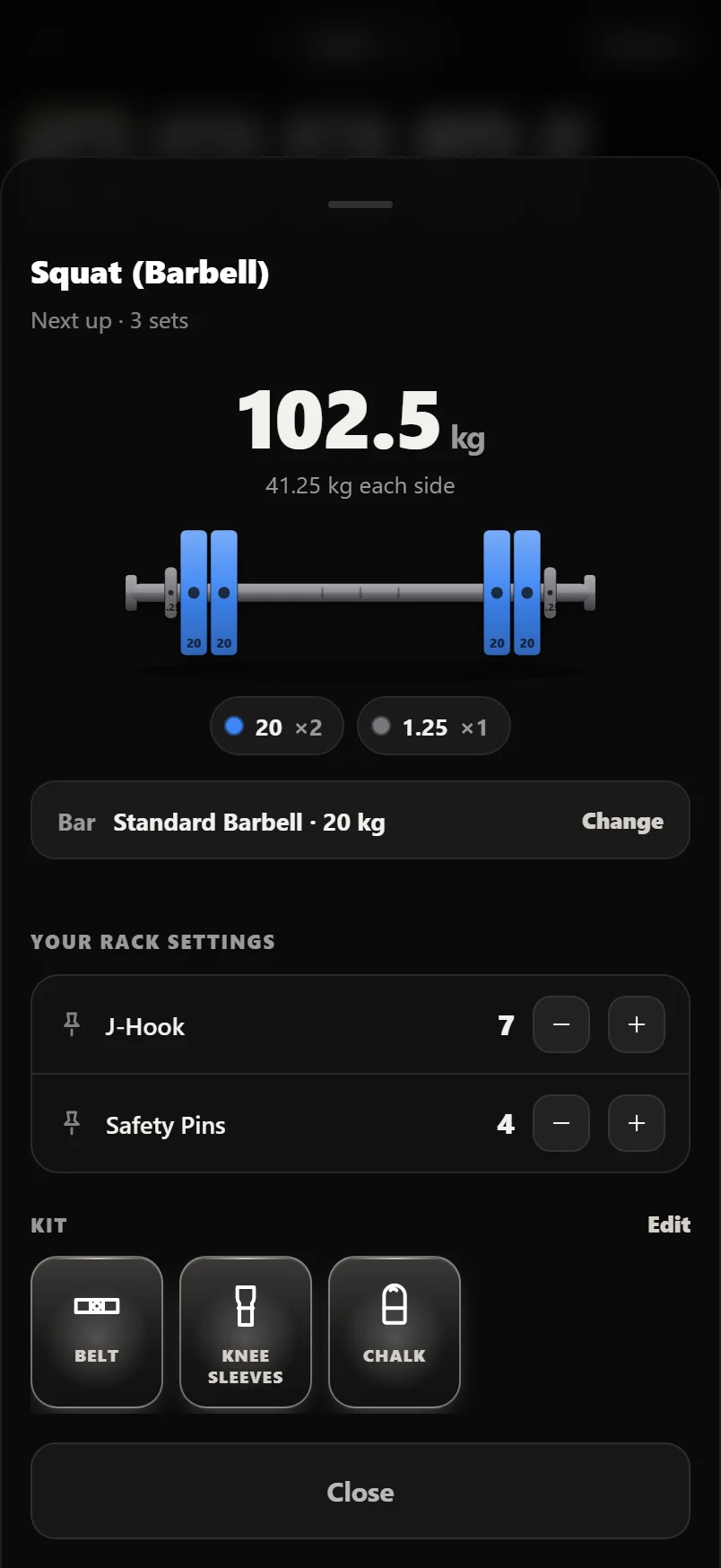 The Set Up sheet for a 102.5 kg barbell squat: total weight, 41.25 kg each side drawn as plates on a bar, plate count chips, the bar in use, and saved J-Hook and Safety Pins numbers