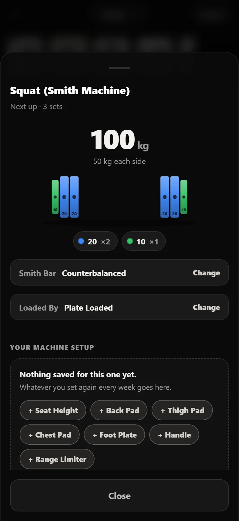 The Set Up sheet for a Smith machine squat showing a Smith Bar row reading Counterbalanced and a Loaded By row reading Plate Loaded