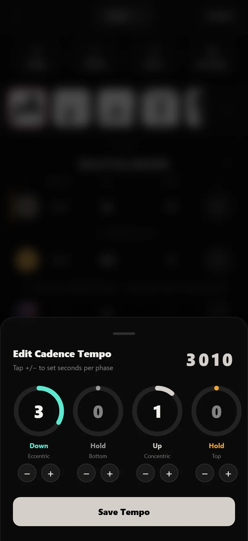 The tempo editor with four dials for eccentric, bottom hold, concentric and top hold phases