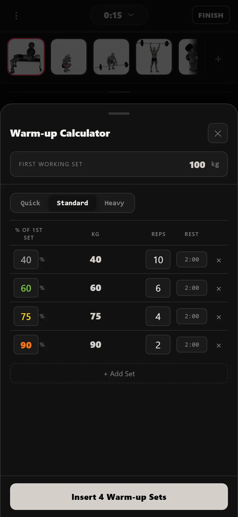 Durata warm-up calculator showing a ramp of warm-up sets as percentages of the first working set