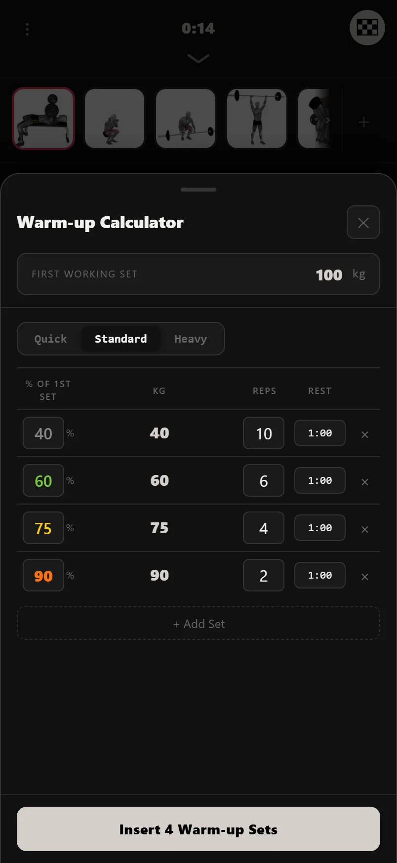 Durata warm-up calculator showing a ramp of warm-up sets as percentages of the first working set