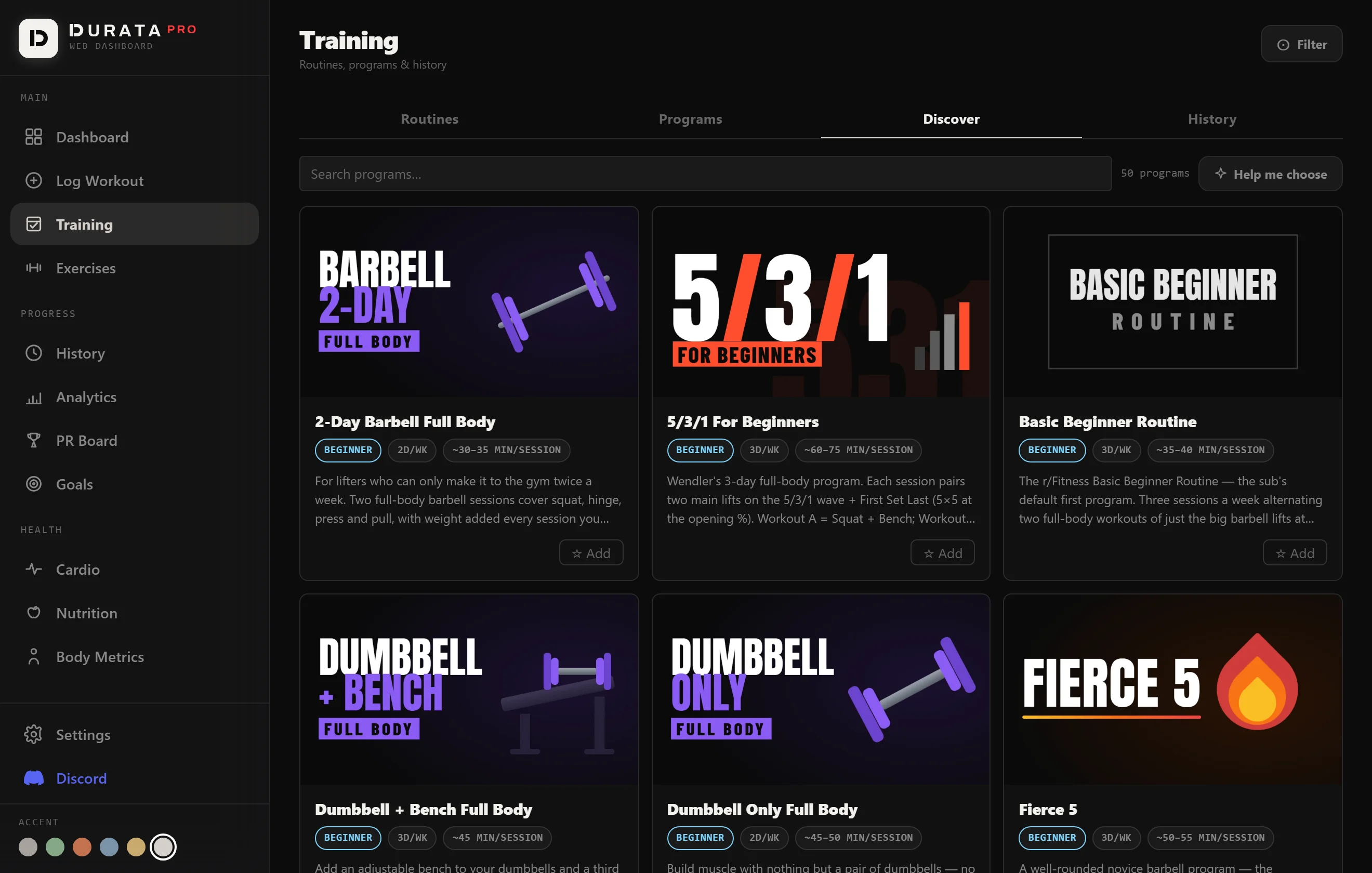 The program catalog's Discover tab on the web dashboard, with cover art in a wide grid
