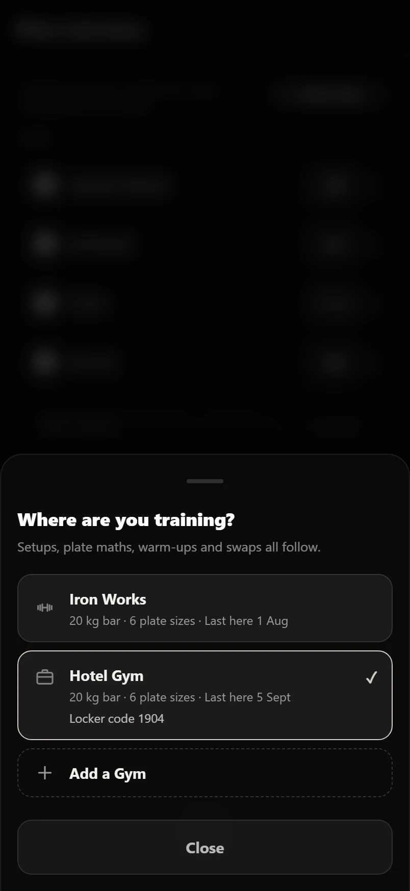 The gym switcher open over a session preview, listing My Gym and Hotel Gym with a tick against the one you are at