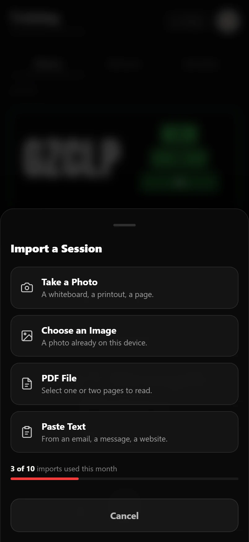 The Import a Session sheet offering four ways in: take a photo, choose an image, a PDF file, and paste text