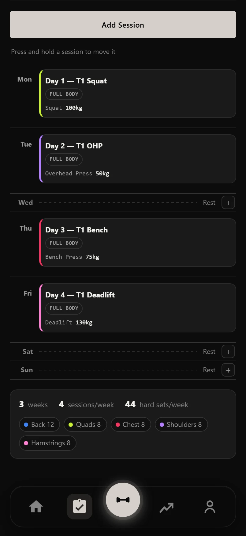 The weekly planner: a GZCLP week laid out day by day, every session showing its top working set