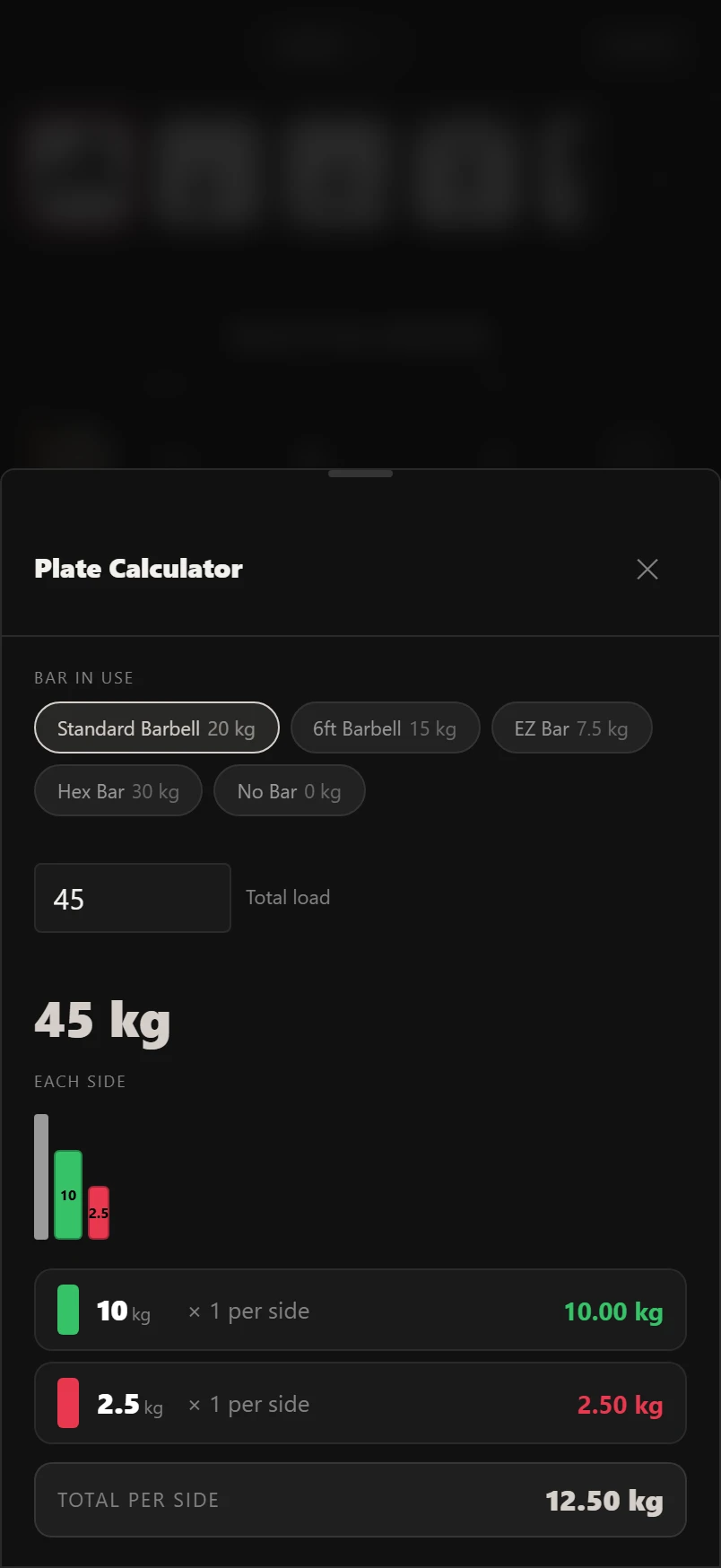 The plate calculator showing exactly which plates to load per side