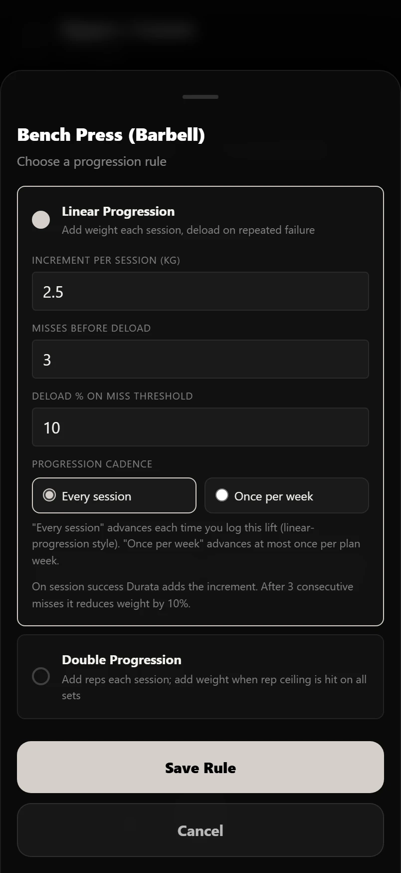 Choosing a progression rule for a lift on your own plan: linear selected, with increment, misses before deload, deload percent and cadence editable