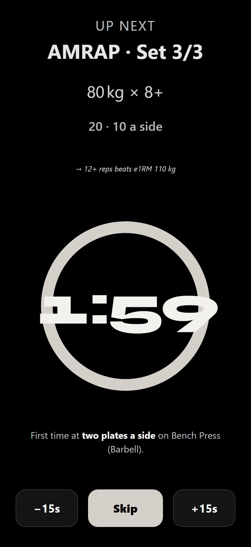 The fullscreen rest timer counting down with the next set previewed