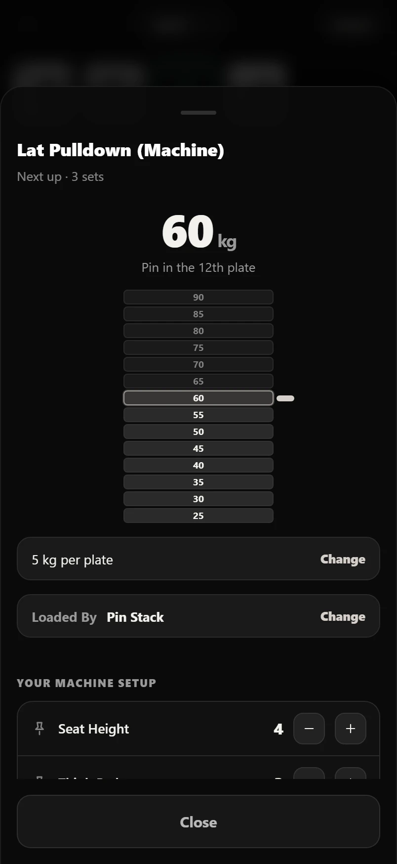 The Set Up sheet for a lat pulldown: 60 kg, pin in the 12th plate of the drawn stack, and a saved seat height