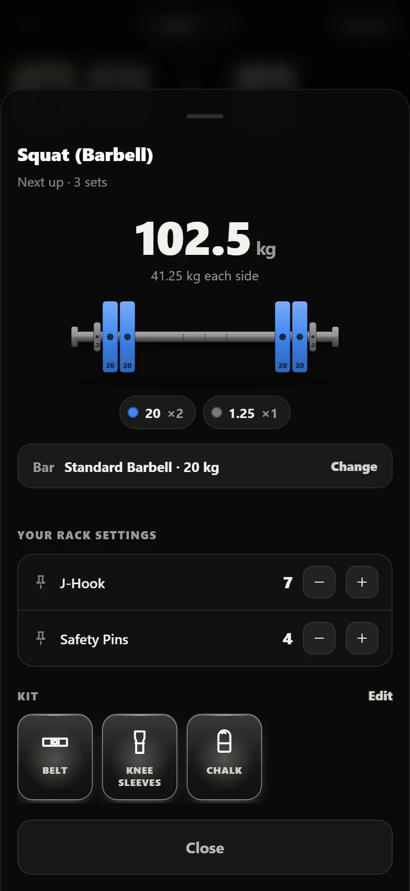 The Set Up sheet for a 102.5 kg squat: the total, 41.25 kg each side drawn on the bar, the bar in use, and saved J-hook and safety pin numbers