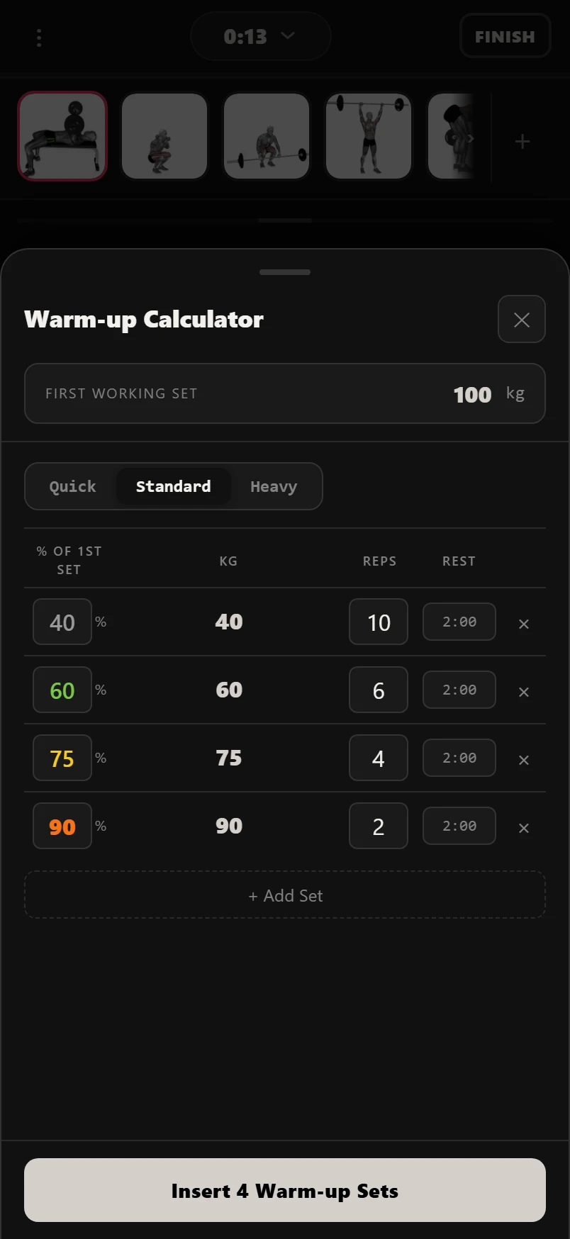 The warm-up calculator: a four-set ramp of real weights up to the day's working set